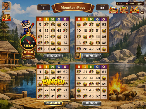 Bingo Escape active round with four bingo cards in Mountain Pass