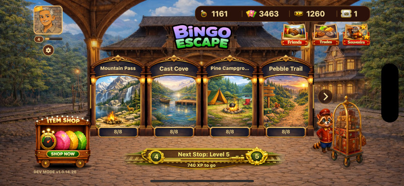 Bingo Escape station screen showing destination cards, rewards, and profile status